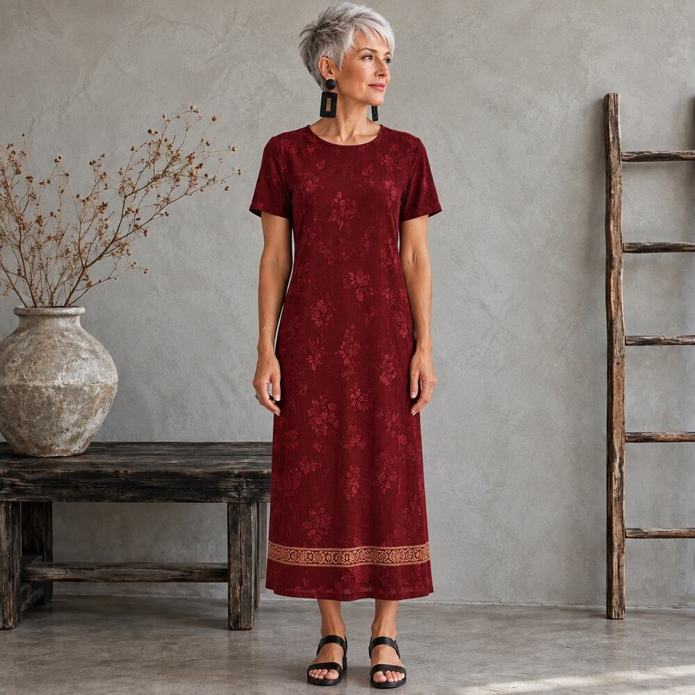 Talbots Red Maroon Short Sleeve MideVintage  Floral Dress  12